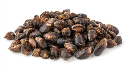 Fototapeta premium Fresh raw bouchot mussels piled high on a white background showcasing their unique texture and natural color for culinary use.