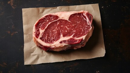 Raw ribeye steak on parchment paper with seasonings on dark background perfect for culinary designs or meat preparation concepts.