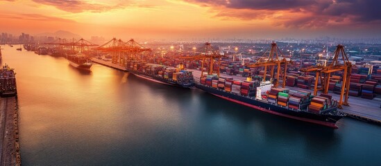 Colorful sunset over a busy port with cargo ships and cranes reflecting on calm water creating a vibrant maritime atmosphere