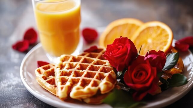 Romantic breakfast setting featuring coffee waffles fresh orange juice and red rose flowers on a decorative plate for a cozy morning vibe - Powered by Adobe