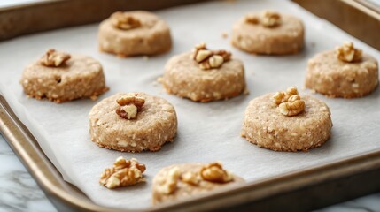 Honey walnut biscuits on a baking sheet with parchment paper ready for the oven freshly prepared for a delicious treat.