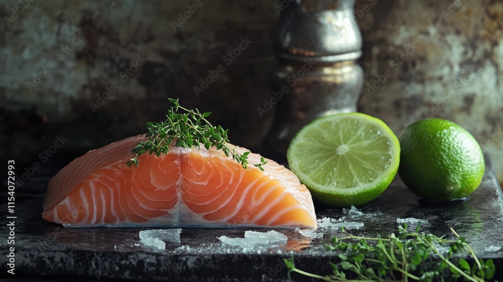 Poster Fresh salmon fillet garnished with lime slices and thyme leaves ready for culinary preparation on rustic backdrop