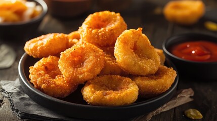 Golden rava bhajjis served on a black plate with tomato ketchup against a rustic background for a vibrant snack presentation.