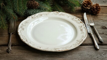 Elegant round white ceramic plate with vintage cutlery on rustic wooden background adorned with spruce branches and pinecones.