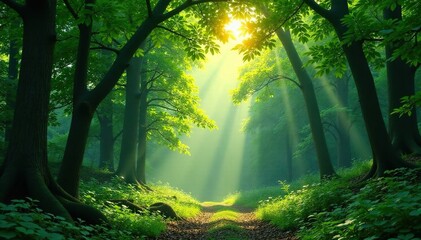 Obraz premium Dense forest canopy with sunlight filtering through, sunlit leaves, layered foliage, verdant scene