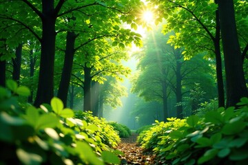 Obraz premium Dense foliage with sunlight filtering through leafy canopy above, green, trees