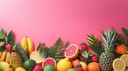 R&oacute;żnorodne owoce lata w żywych barwach, ułożone w estetycznej kompozycji, tworzące naturalne tło z miejscem na napis lub projekt graficzny.
