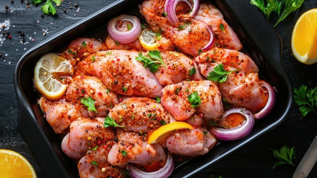 Marinated raw chicken with spices garnished with herbs and lemon slices in a black baking dish on a dark textured surface
