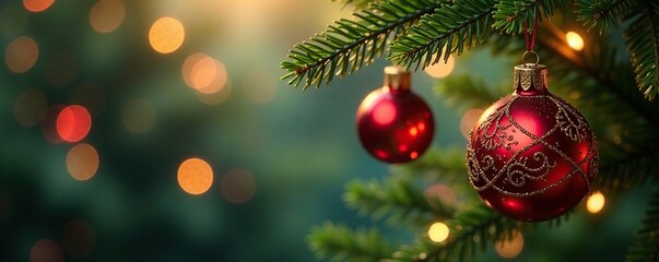 Obraz premium Ornate glass ornaments dangle from evergreen branches, Festive Atmosphere, Golden Glow