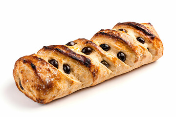 Freshly Baked Artisan Bread Loaf with Olives and Golden Crust on White Background