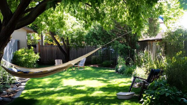 Cozy backyard retreat with hammock hanging between trees and patio chairs on a sunny day, Cozy backyard with hammock between trees, and patio chairs in background