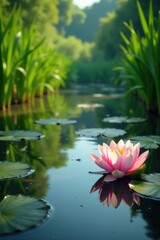 Gentle ripples on a tranquil pond amidst lush reeds and water lilies, natural, calming, water lilies