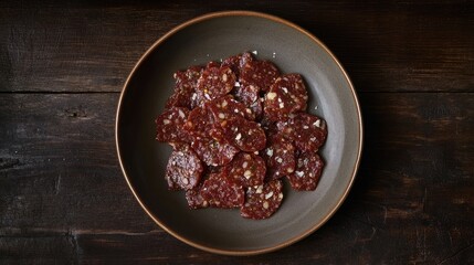 Sliced raw creole sausage arranged on a rustic plate showcasing rich textures and flavors for culinary or food photography themes.