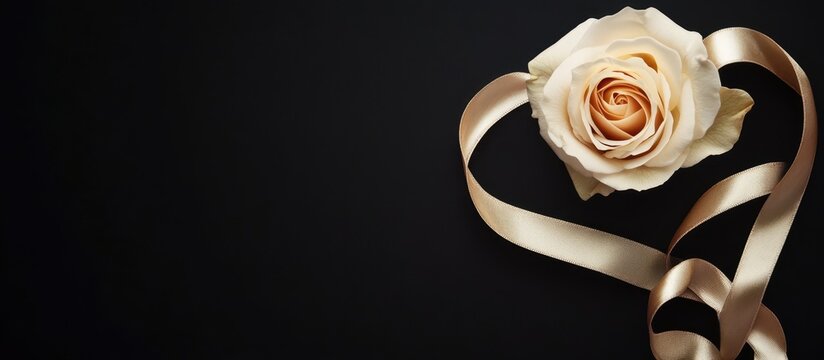 Elegant rose and silky ribbon heart on black background for romantic invitations or heartfelt messages. Ideal for love-themed designs.