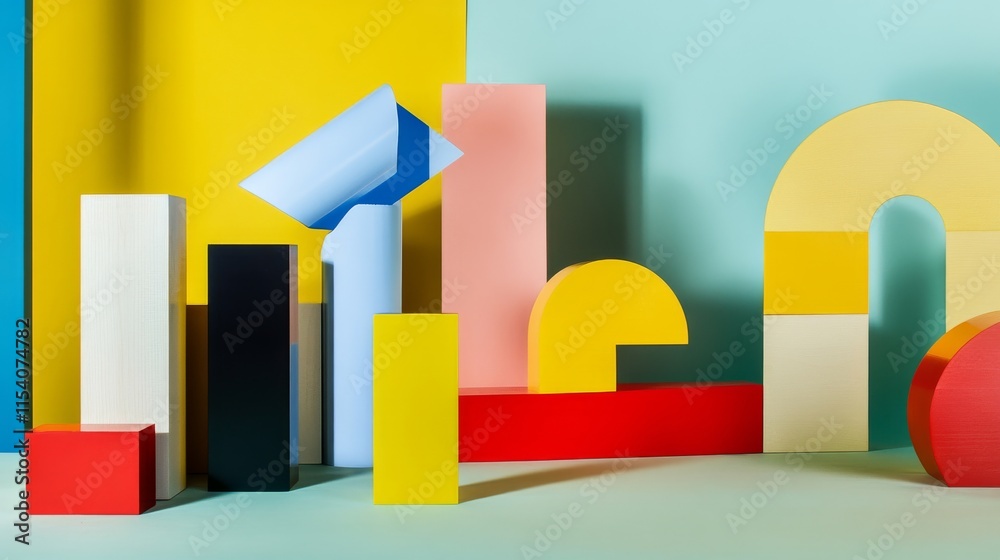 Poster an abstract block-building setup with geometric patterns, contemporary construction style, photo of