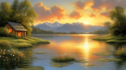 Fototapeta premium Lakeside cabin sunset landscape painting.