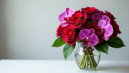 Naklejka premium Floral bouquet with red roses and purple orchids, home decor, fresh cut flowers, red roses