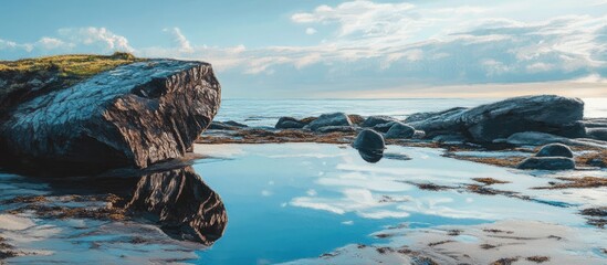 Scenic coastal landscape with rocks and tidal pools reflecting the sky during low tide at sunset