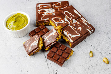 Dubai chocolate bar with pistachio paste and kadaif dough