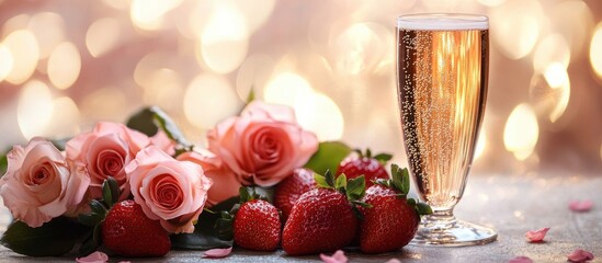 Fototapeta premium Elegant still life with champagne pink roses and fresh strawberries on a soft background ideal for romantic events and celebrations