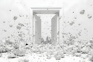 Abstract visual of white room with three-dimensional floating debris creating a surreal atmosphere of chaos and emptiness
