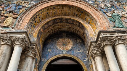 Obraz premium Historic entrance of Ravenna's medieval city showcasing intricate mosaics and architectural details in a timeless masterpiece.