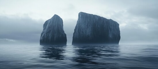 Majestic sea rocks rising from tranquil waters under a moody sky creating a serene and dramatic coastal landscape.