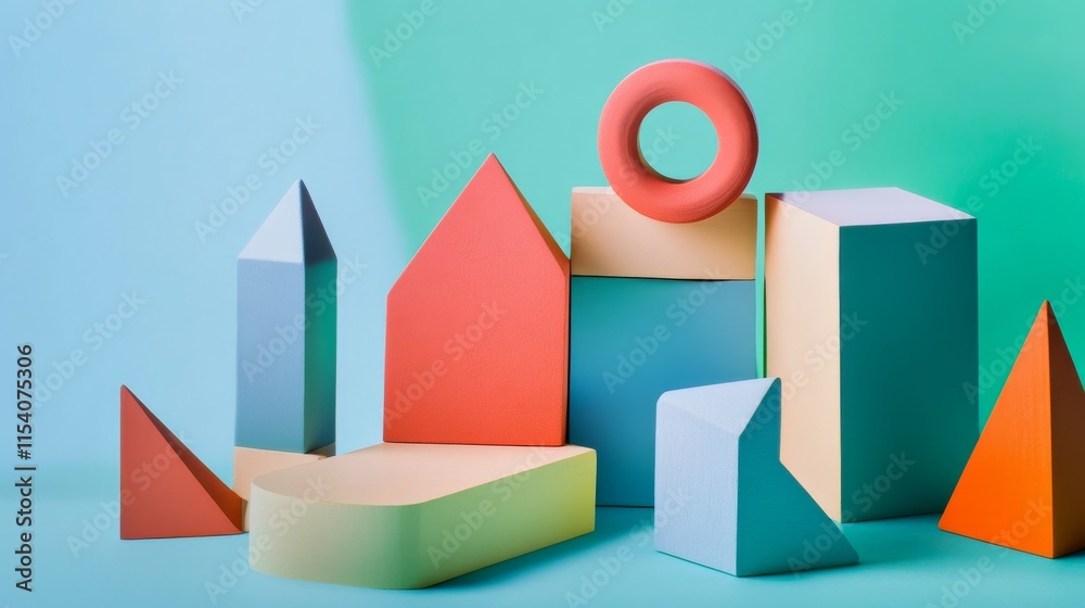 Poster An abstract block-building setup with geometric patterns, Contemporary construction style, photo of