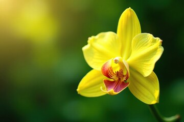Fototapeta premium Delicate yellow orchid petals unfolding in the morning dew, garden, nature, yellow