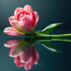 Fototapeta premium Delicate tulip petals unfolding on a mirror background, mirror, reflections