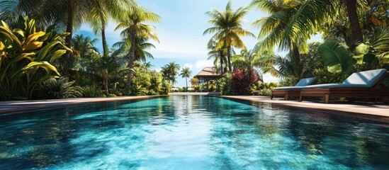 Obraz premium Tropical paradise with shimmering pool framed by lush palm trees ideal for summer getaways and relaxation in a serene environment