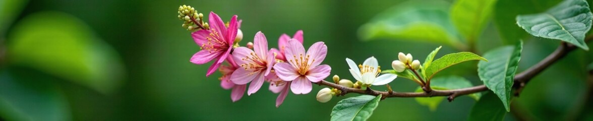 Black cohosh flowers on a branch with other forest flora, forest flowers, white and pink flowers,