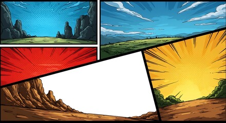 Colorful comic book style background with blue, red, and yellow panels