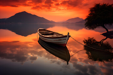 Exquisite Sunrise Scenery Over The Calm Bay With A Solitary Boat Moored