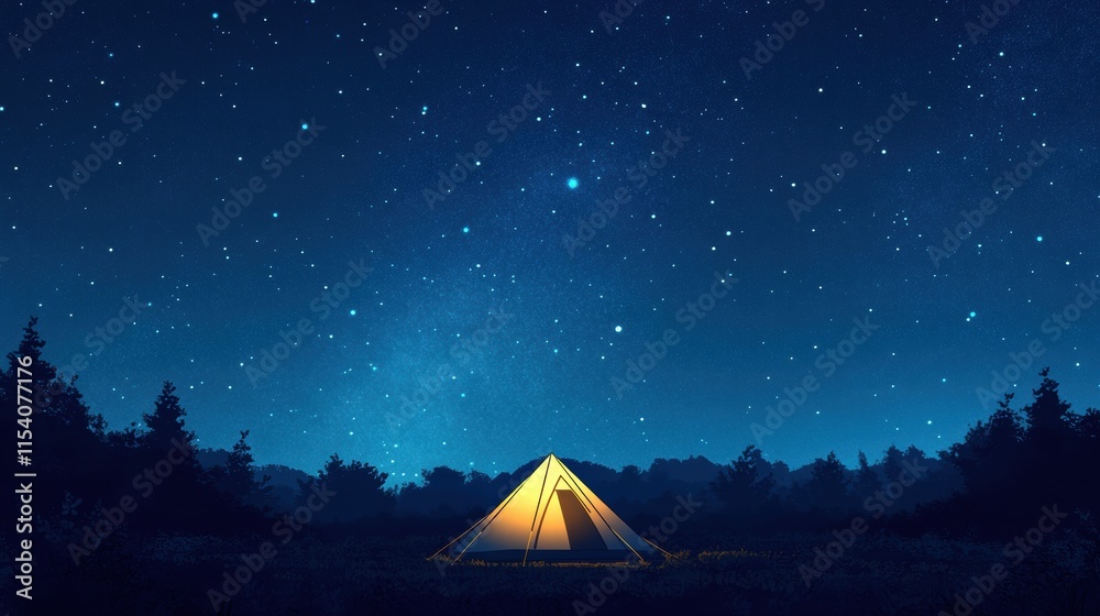 Aufkleber enjoying a night under the stars with a glowing tent in nature surrounded by trees and a clear sky. 