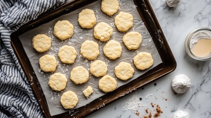 Baking Preparation of Raw Biscuits on a Pan with Flour and Baking Ingredients Ready for the Oven