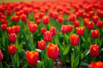 Obraz premium A carpet of red tulips covering the grassy meadow floor, meadow, field, wildflowers