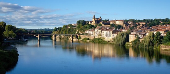 Fototapeta premium Scenic riverside view featuring a historic city with architectural landmarks and lush green hills under a clear blue sky