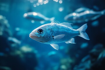 Vibrant Blue Fish Swimming Gracefully Through an Underwater Environment Filled With Soft Sunlight and Clear Water