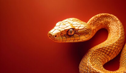 Obraz premium A golden snake coiled elegantly against a vibrant red background, ideal for Chinese New Year 2025 celebrations or luxury branding.
