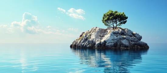 Serene rock island with solitary tree surrounded by tranquil blue sea under a clear sky landscape nature scenery