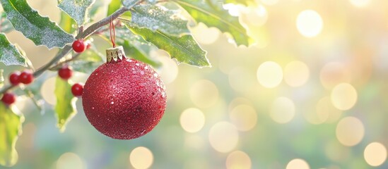 Obraz premium Red Christmas ornament hanging on green branch with blurred bokeh lights creating a festive holiday atmosphere in soft focus background