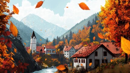 Naklejka premium Autumn Landscape with Colorful Foliage and Scenic Village View