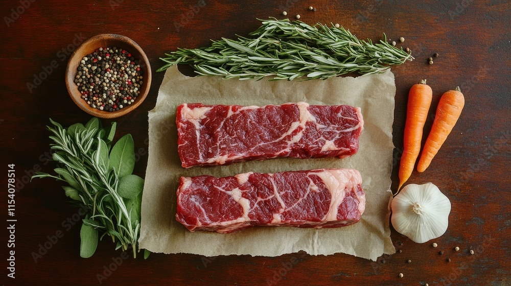 Poster Raw beef steaks with fresh vegetables herbs and spices on rustic wooden table top view gourmet cooking ingredients for meal preparation