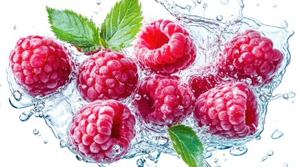 Ripe raspberries splashing into clear water with mint leaves Healthy fruits and refreshment concept...