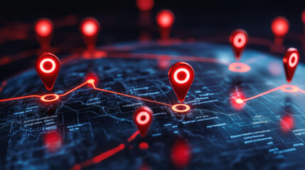 3D globe with red pins marking locations around the world