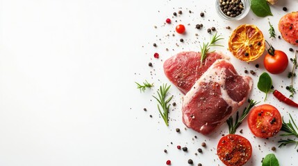 Fresh raw meat garnished with aromatic spices and herbs on a clean white background showcasing a culinary preparation scene.