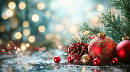 Twinkling crytal ball , Pine tree, Snowflake. Christmas banner decorations, beautiful scene and snowy landscape with copy space. Christmas ball and lights.Winter decoration background