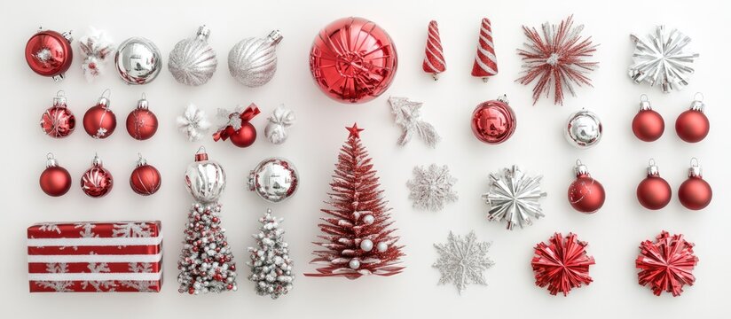 Red and silver Christmas decorations with gifts on a white background for holiday festive themes and seasonal celebrations.