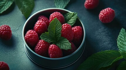 Fresh raspberries in a round tin box adorned with mint leaves on a dark stone background creating a...